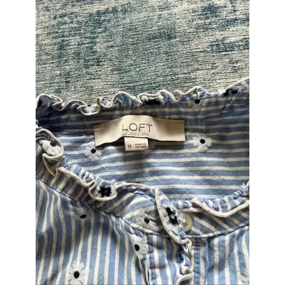 Loft Blue White Stripe Daisy Ruffle Button Front Top Women's Medium - Picture 7 of 10